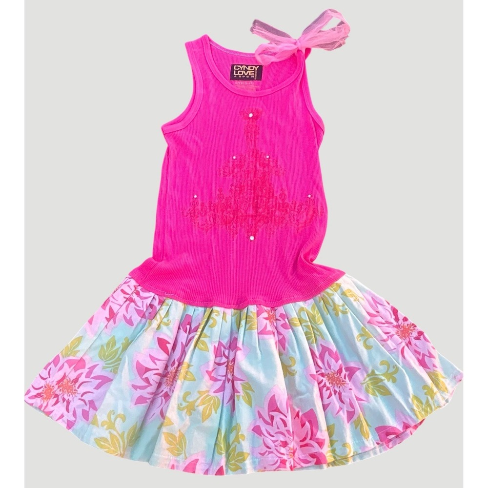Cyndy Love Girls Pink Drop Waist Chandelier Dress Floral Skirt Bow‎ Size 6 6X